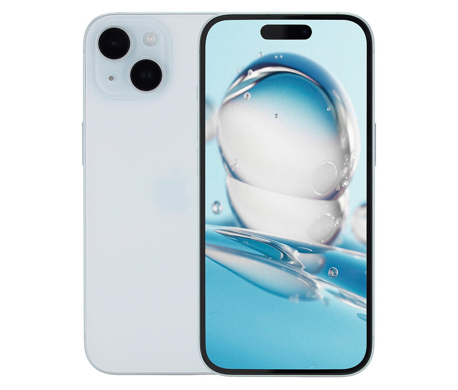 Das hellblaue Apple iPhone 15 128GB wird von vorn und von hinten gezeigt.