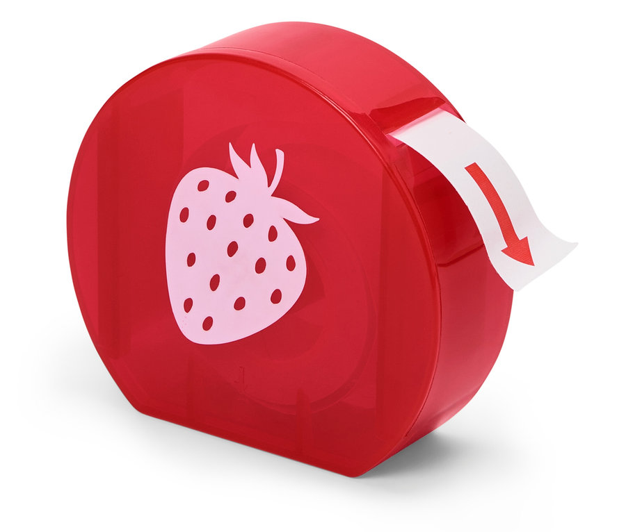 Roter Spender mit Erdbeer-Design und einem Etikett, das herausgezogen wird.