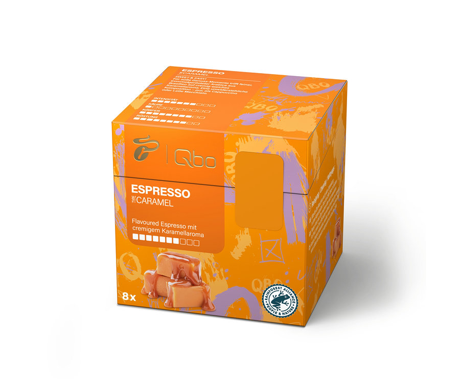 Eine Packung Qbo Flavoured Selection - 24 Kapseln mit Karamellgeschmack.