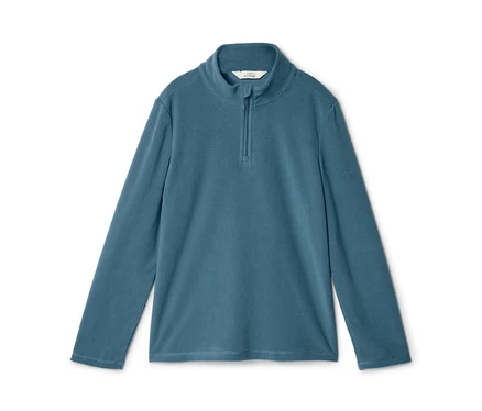 Petrolblaues Langarm-Fleece-Oberteil mit Stehkragen und kurzem Reißverschluss.