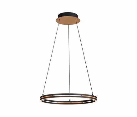 Runde Pendelleuchte mit schwarzem Außenring und hellem Holz-Innenring, aufgehängt an drei schwarzen Kabeln von einer runden Deckenhalterung in Schwarz und Holzoptik.