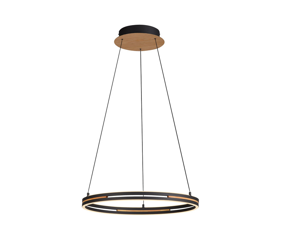Runde Pendelleuchte mit schwarzem Außenring und hellem Holz-Innenring, aufgehängt an drei schwarzen Kabeln von einer runden Deckenhalterung in Schwarz und Holzoptik.