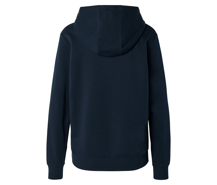 Dunkelblauer Hoodie, Rückansicht, mit Kapuze und gerippten Bündchen und Saum.