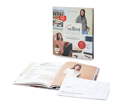Ein aufrechtes Buch "EINFACH selbst GENÄHT" von Julika Landermann mit Bildern von Frauen, dem Text "PRAKTISCHE ALLTAGSMODE IN DEN GRÖSSEN 34-50" und "4 Schnittmusterbogen". Davor liegt ein offenes Buch mit der Überschrift "SHIRTBLUSE" und einem Schnittmusterbogen "EINFACH SELBST GENÄHT Schnittmusterbogen 1".