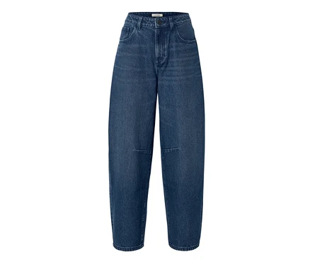 Dunkelblaue Jeans mit hoher Taille und weiten, lockeren Beinen, mit Vordertaschen und horizontalen Nähten über den Knien.