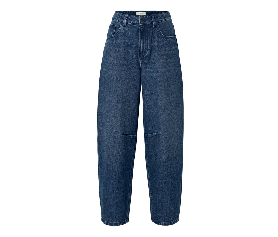 Dunkelblaue Jeans mit hoher Taille und weiten, lockeren Beinen, mit Vordertaschen und horizontalen Nähten über den Knien.