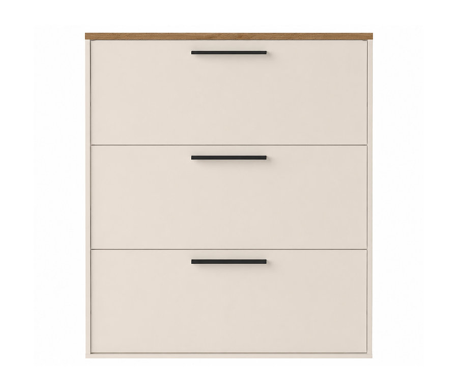 Eine hellbeige Kommode mit drei Schubladen, jede mit einem schwarzen, horizontalen Griff. Die obere Fläche hat eine hellbraune Holzoptik.