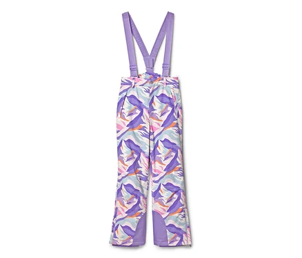 Skihose mit lila Hosenträgern und einem abstrakten Muster in Lila, Blau, Pink und Orange auf weißem Grund.