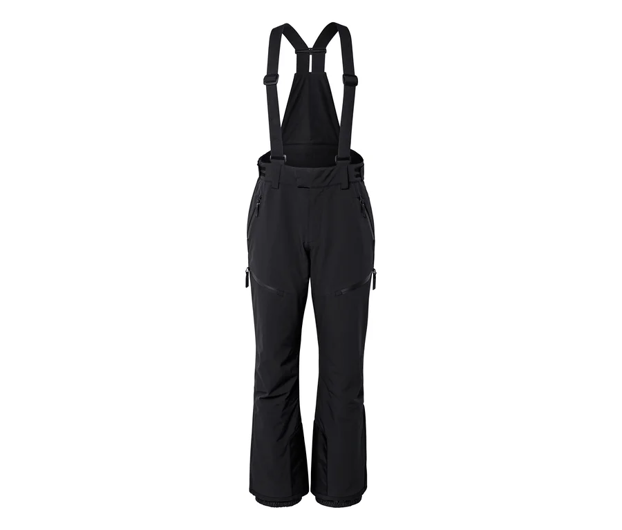 Schwarze Skihose mit Hosenträgern und mehreren Reißverschluss-Taschen.
