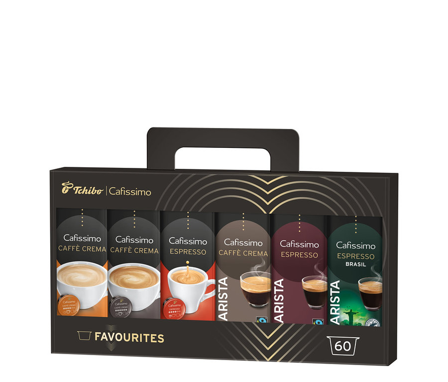 Eine Cafissimo Favourite Collection Packung mit verschiedenen Kaffeekapseln.