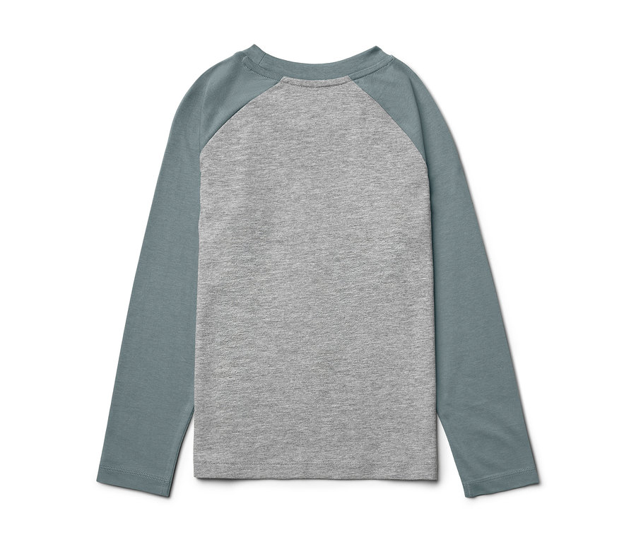 Graues Langarmshirt mit blauen Ärmeln.