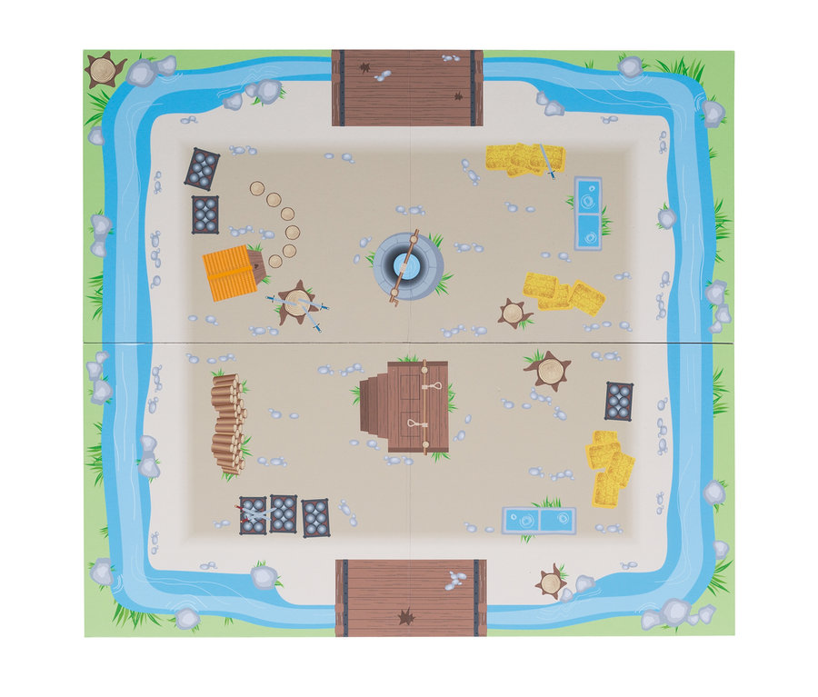 Ein quadratisches Spielbrett mit einem zentralen Landbereich, der von einem blauen Fluss umgeben ist. Zwei Holzbrücken überqueren den Fluss, und der Landbereich enthält einen Brunnen, Heuballen, Holzstapel, Gebäude und kleine graue Spielsteine.