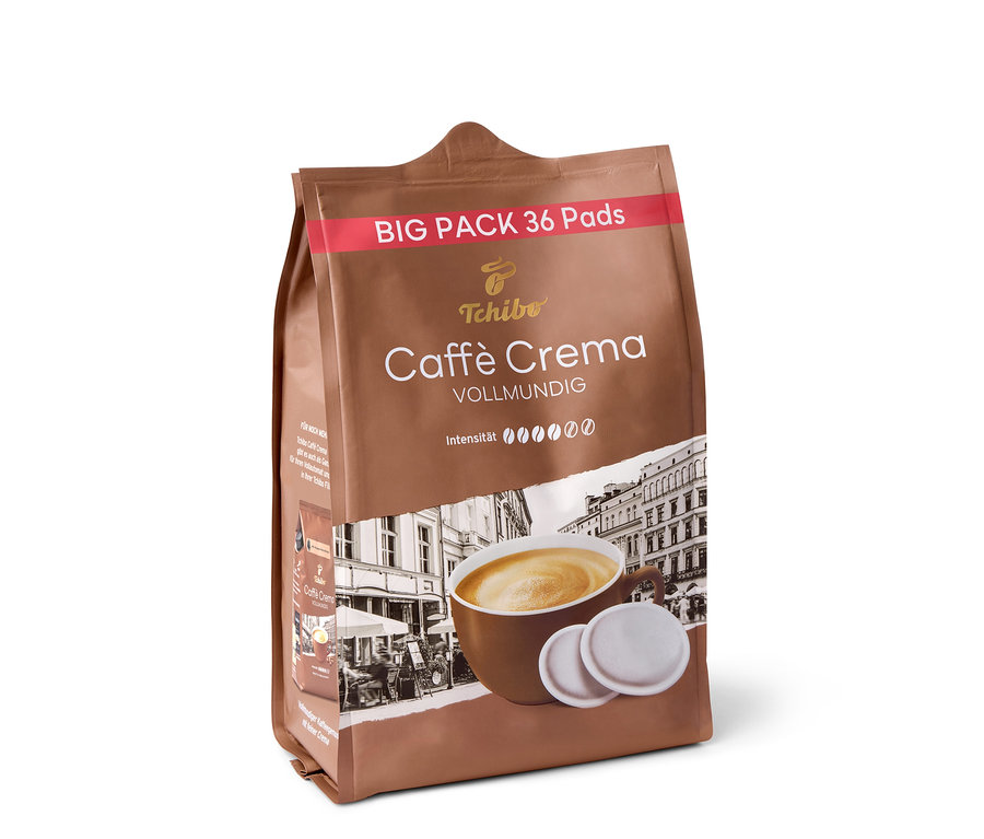Braune Packung Caffè Crema Vollmundig - 36 Pads mit Aufschrift Big Pack 36 Pads.