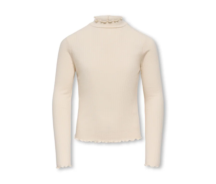 Cremefarbenes geripptes Langarmshirt mit Rüschen-Stehkragen, Rüschenbündchen und Rüschensaum.