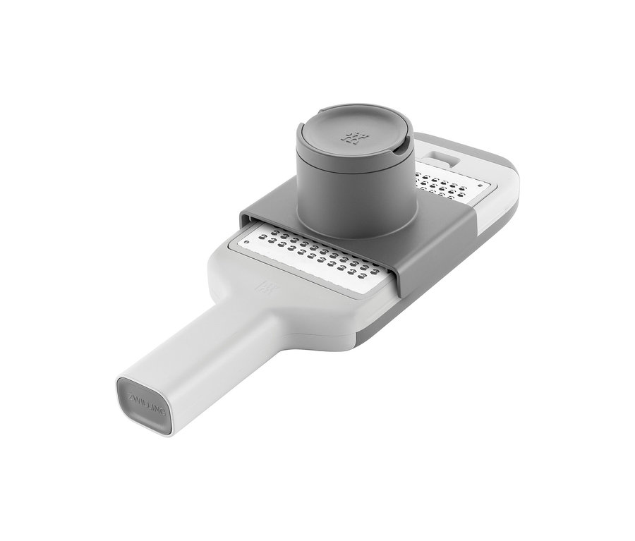 ZWILLING Z-Cut Multireibe in Grau und Weiß mit verschiedenen Reibflächen und einem runden Aufsatz.