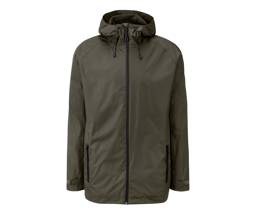 Khakifarbene Regenjacke mit Kapuze und Reißverschluss in der Mitte.