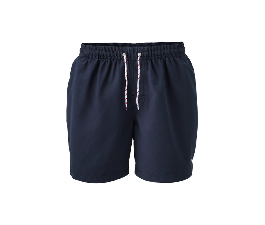 Marineblaue Badeshorts mit weißer Kordel.
