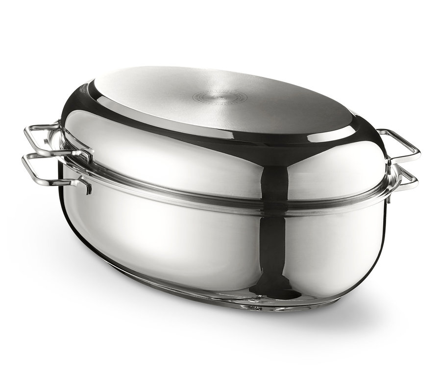 Ein XL-Edelstahl-Bräter mit Deckel.