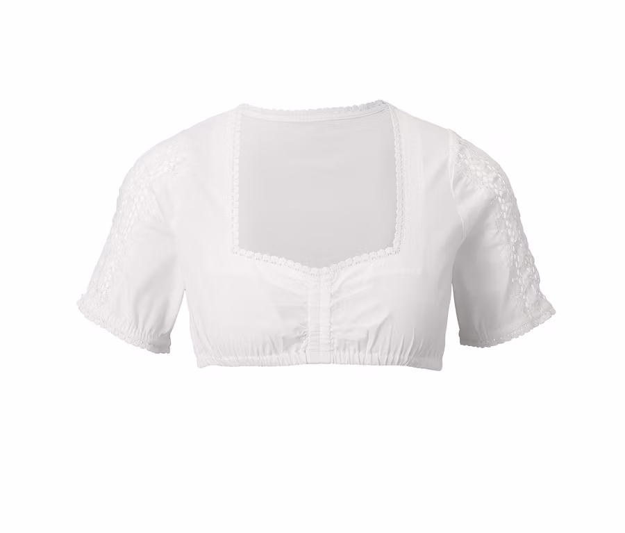 Weiße Stretch-Dirndlbluse mit kurzen Ärmeln und Spitzenbesatz.