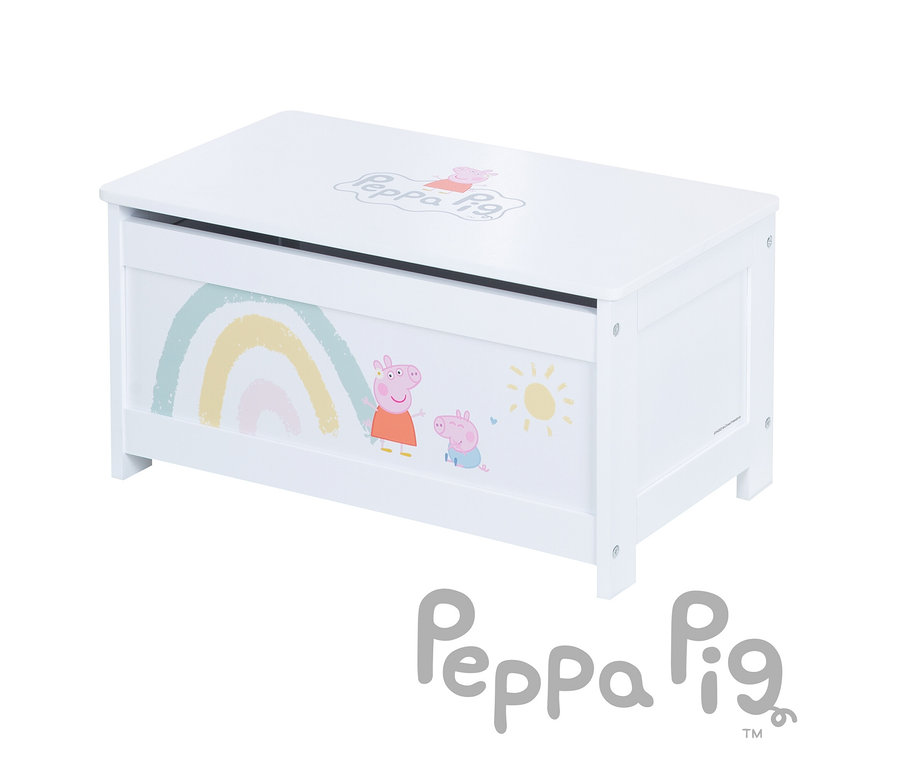 Weiße Spielzeugkiste mit Peppa Pig und Regenbogen Illustration.