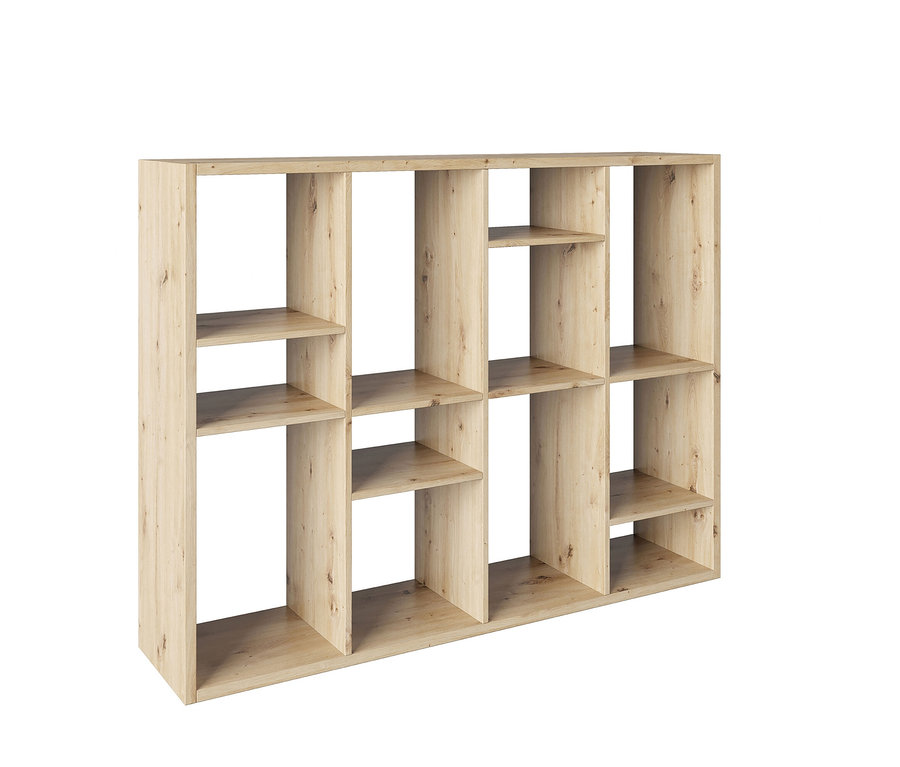 Ein hellbraunes Holzregal mit zwölf Fächern.