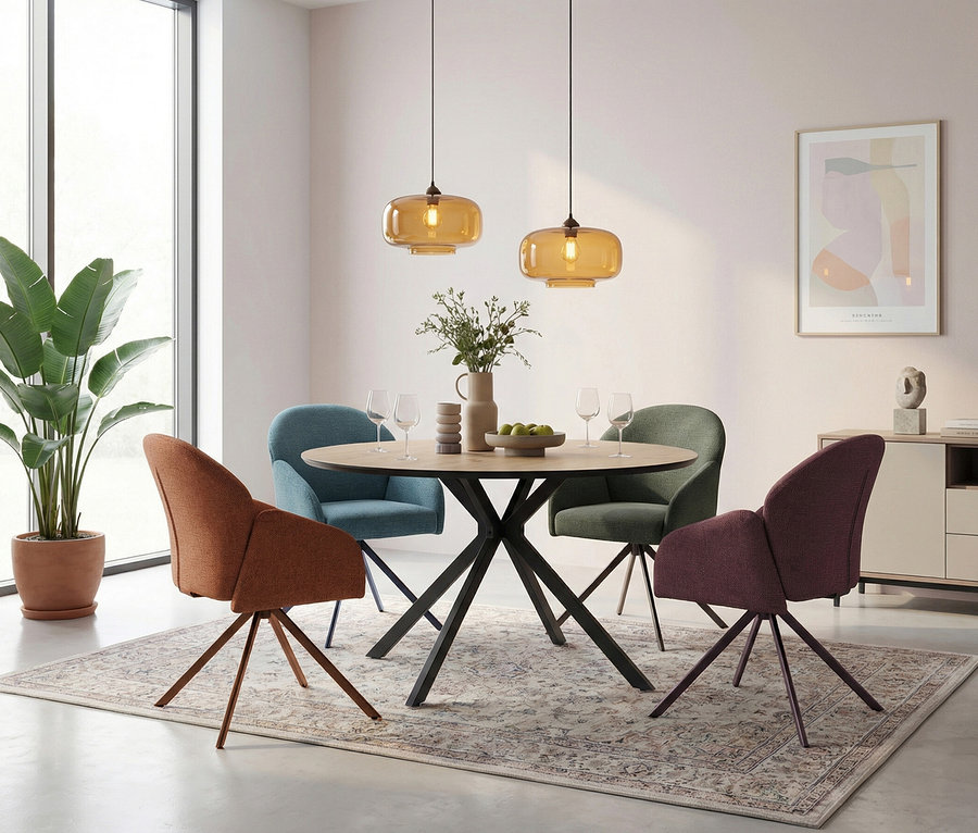 Runder Esstisch mit vier Stühlen in verschiedenen Farben (Orange, Blau, Grün, Violett) auf einem gemusterten Teppich. Über dem Tisch hängen zwei bernsteinfarbene Pendelleuchten. Auf dem Tisch stehen eine Vase mit Grünzeug, Weingläser und eine Obstschale. Im Hintergrund sind ein großes Fenster mit einer Pflanze, ein Sideboard und ein gerahmtes Bild zu sehen.