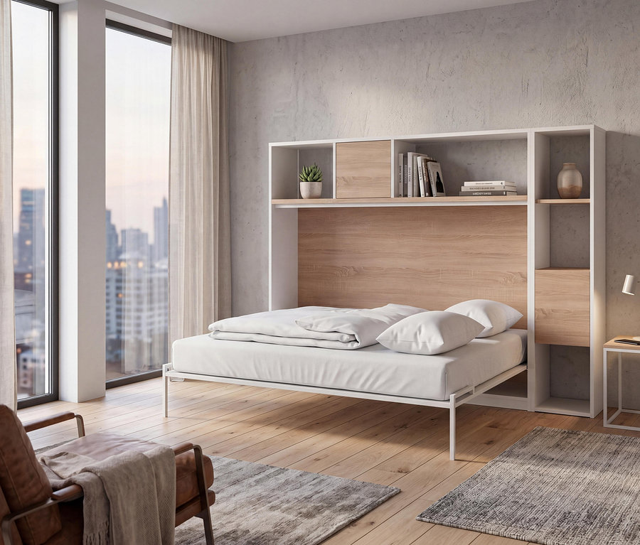 Modernes Schlafzimmer mit einem ausgeklappten Roba Wandklappbett »Verso«, 90 x 200, mit weißer Bettwäsche und integrierten Regalen in Weiß und Holzoptik vor einer Betonwand. Links ein Ledersessel, Holzboden und ein großes Fenster mit Stadtblick.