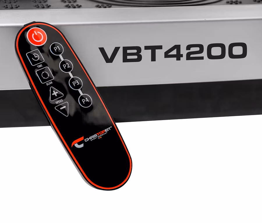 Detailansicht der Steuerung und Fernbedienung des Christopeit Vibrationstrainers »Vibro VBT 4200«.