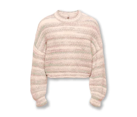 Kurzer, hellrosa Pullover mit horizontalen Streifen in Hellgrün und Rosa, weicher, flauschiger Stricktextur, Rundhalsausschnitt und Rippbündchen.
