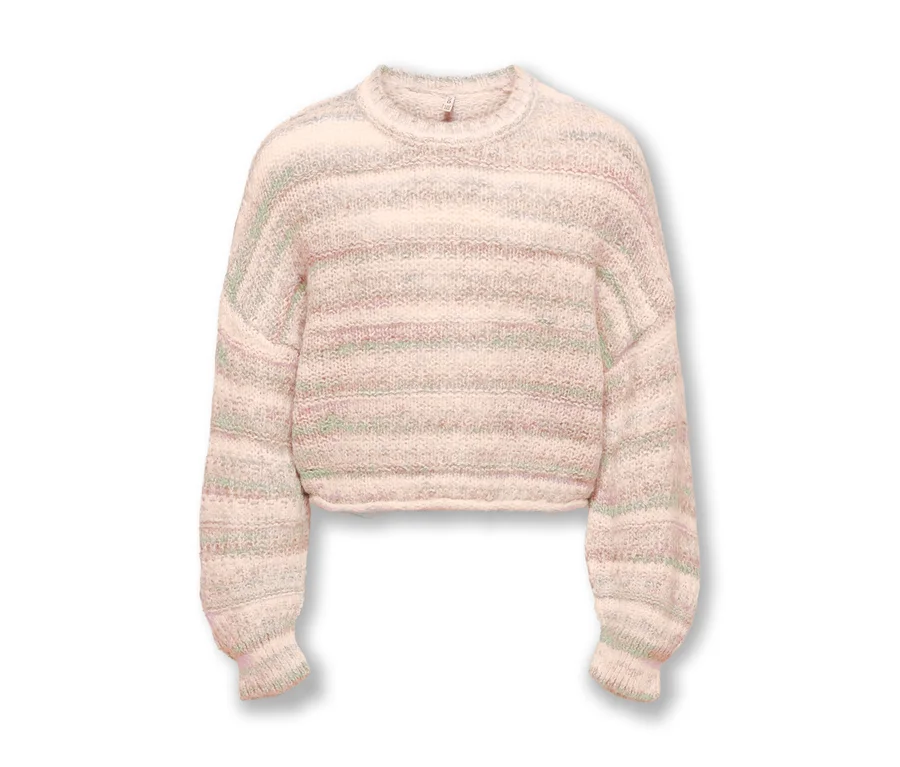 Kurzer, hellrosa Pullover mit horizontalen Streifen in Hellgrün und Rosa, weicher, flauschiger Stricktextur, Rundhalsausschnitt und Rippbündchen.