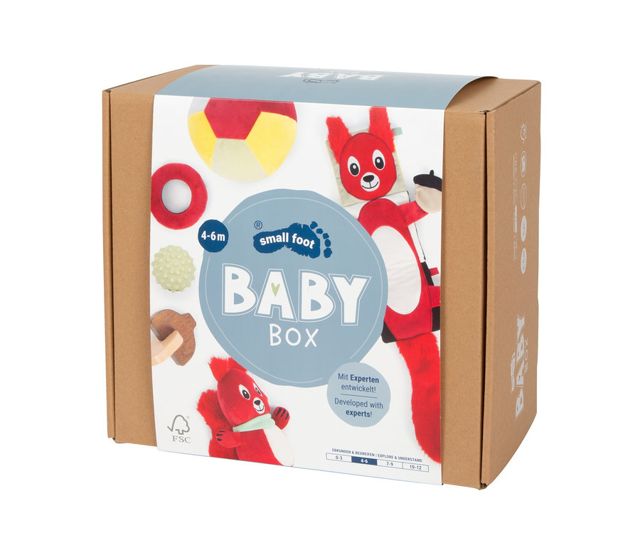 Brauner Karton mit einem weißen und blauen Etikett, das eine "small foot BABY BOX" zeigt. Abgebildet sind ein rot-gelber Stoffball, ein roter Ring, ein grüner Tastball, ein Holzpilz und zwei rote Plüsch-Eichhörnchen-Spielzeuge.