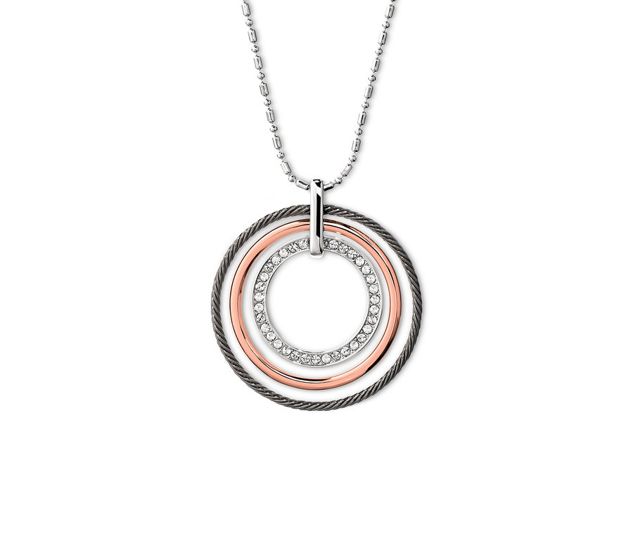 Eine silberfarbene Kette veredelt mit Kristallen von Swarovski®, bestehend aus drei Ringen. Einer ist silberfarben mit Kristallen, einer kupferfarben und einer grau.