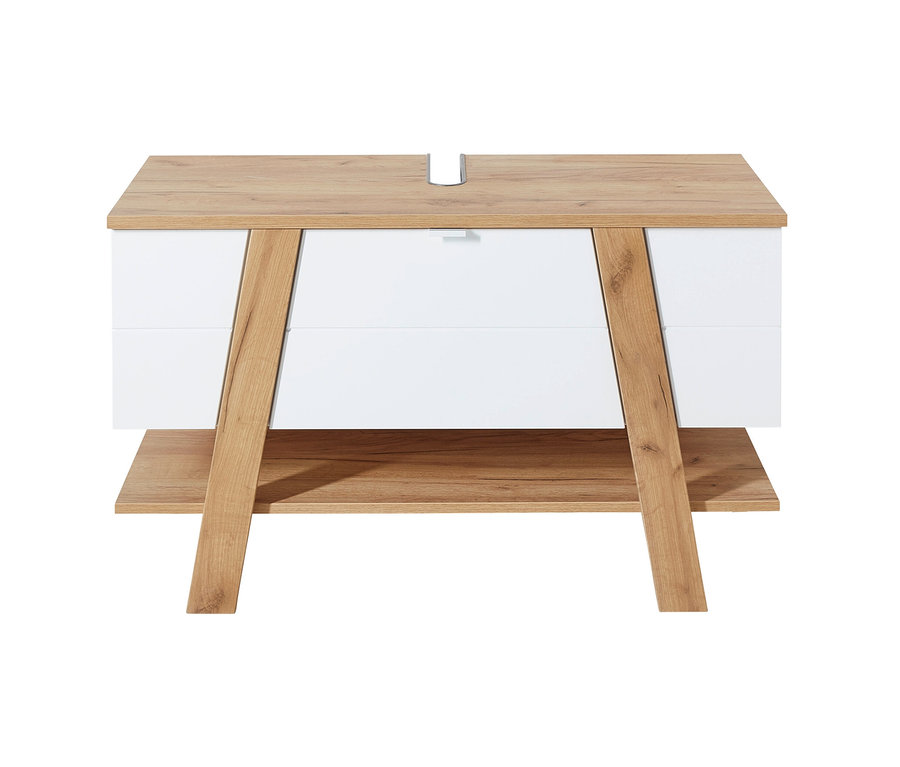 Waschbecken-Unterschrank »Novolino« mit zwei weißen Schubladen und einem Holzregal.