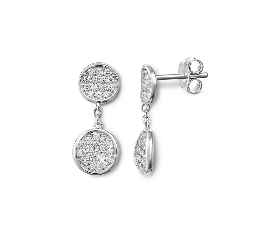 Zwei Ohrhänger, 925 Silber mit Zirkonia auf weissem Hintergrund.