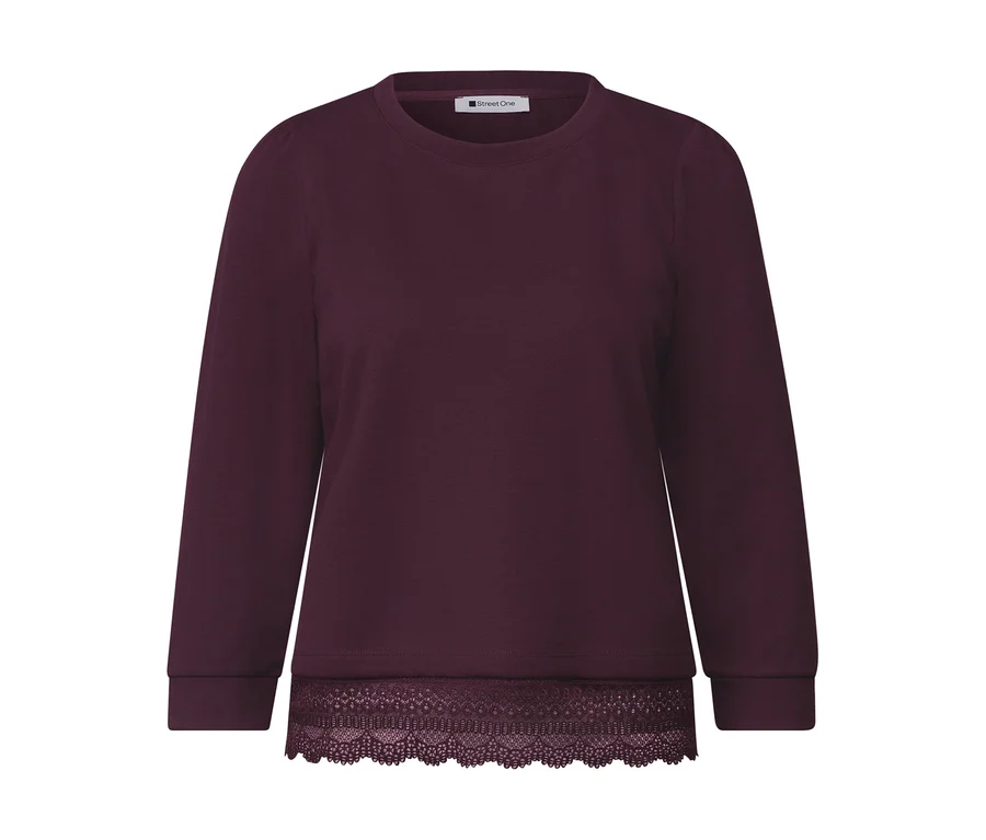 Street One 3/4-Jerseyshirt in Rot mit Rundhalsausschnitt und Spitzenborte am Saum.