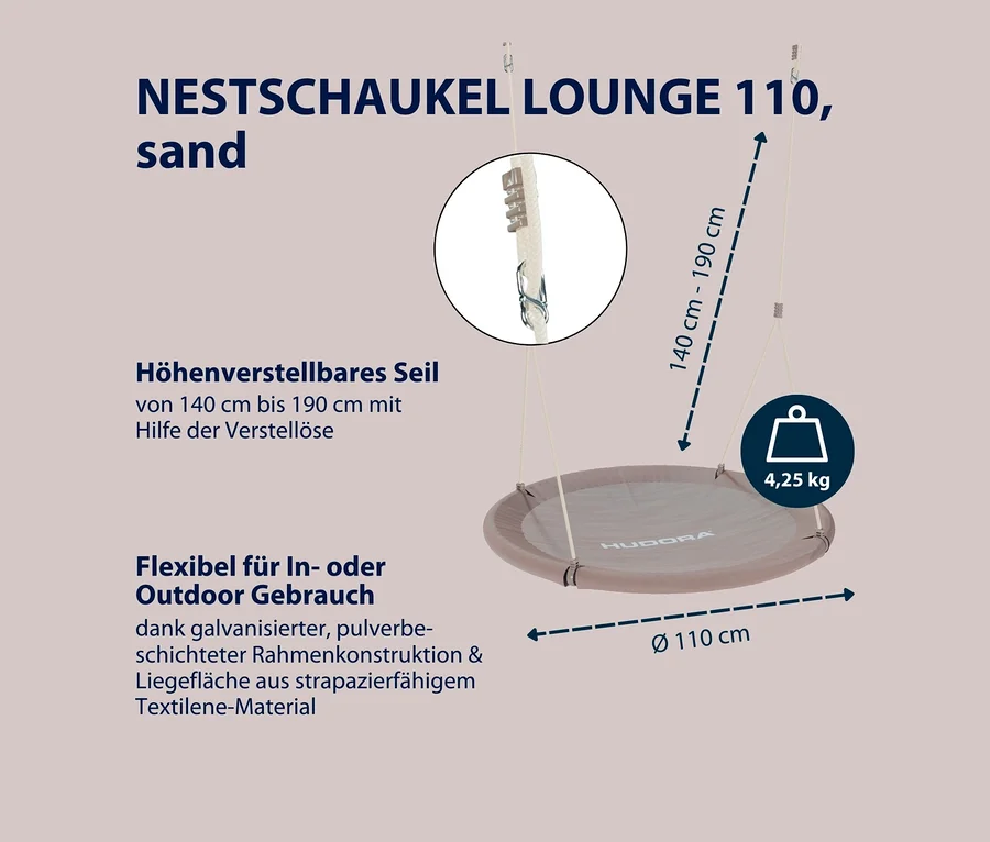 Abbildung einer beigen HUDORA Nestschaukel »Lounge« mit einem Durchmesser von 110 cm.