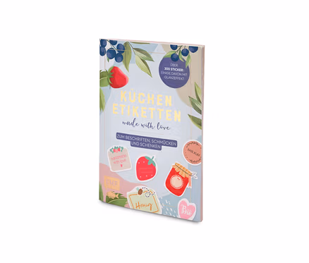 Buch "Küchenetiketten" mit Illustrationen von Obst und Kräutern.