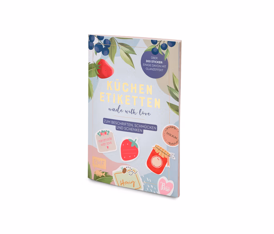 Buch "Küchenetiketten" mit Illustrationen von Obst und Kräutern.