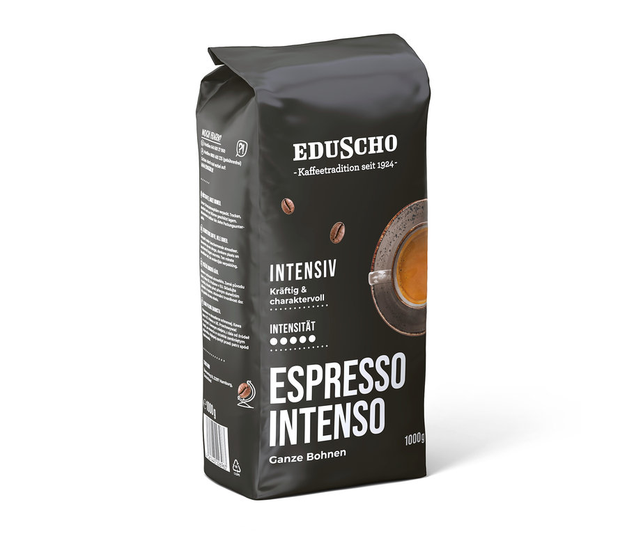 Schwarze 1 kg Packung Eduscho Espresso Intenso Kaffeebohnen mit Abbildungen von Bohnen und einer Espressotasse.