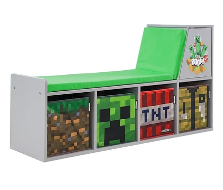 Graue Bank mit Stauraum und grüner Sitzfläche. Die Aufbewahrungsboxen sind mit Minecraft-Motiven versehen. roba Minecraft Sitzbank und Leseregal
