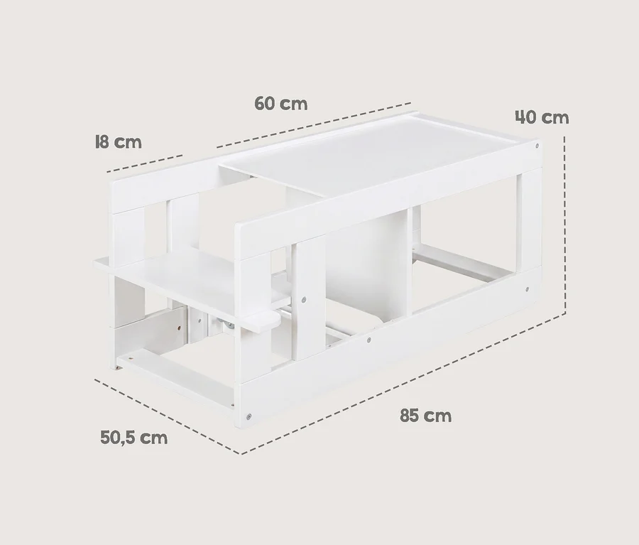 Weißer hölzerner Lernturm für Kinder, 85 cm lang, 50,5 cm breit, 40 cm hoch. Die obere Fläche ist 60 cm lang und die Seitenleiste über der unteren Stufe ist 18 cm hoch.
