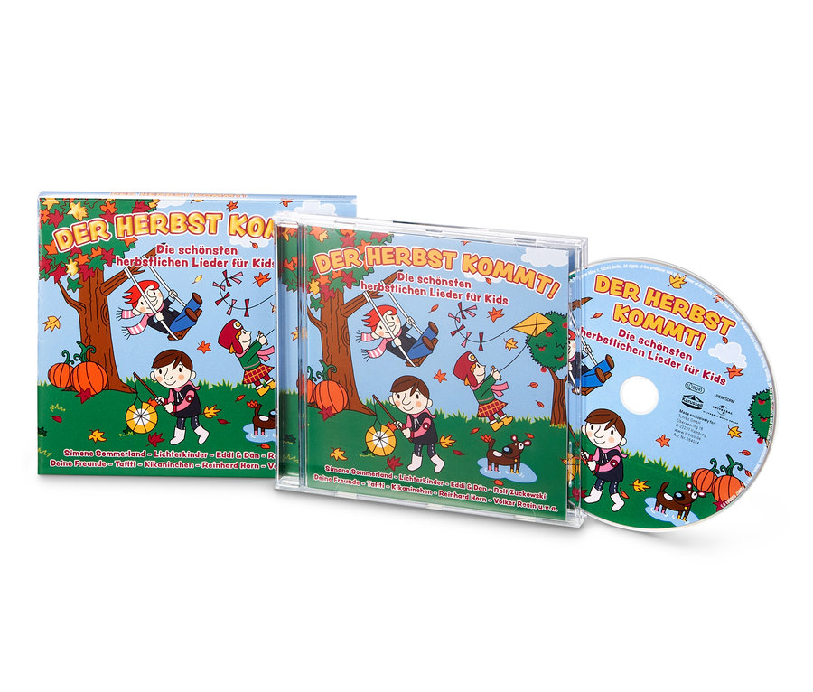 Cover und CD mit Cartoon-Abbildungen von Kindern und Herbstmotiven.