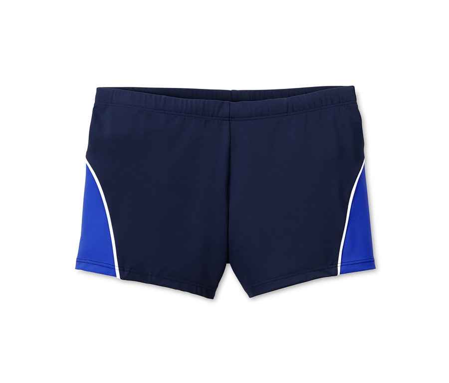 Dunkelblaue Badehose mit blauen Seiten und weißen Paspeln.