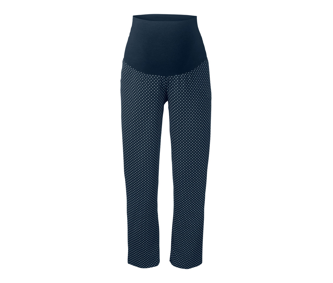 Umstands- und Stillpyjamahose mit dunkelblauem, elastischem Bund und weißem Punktmuster.