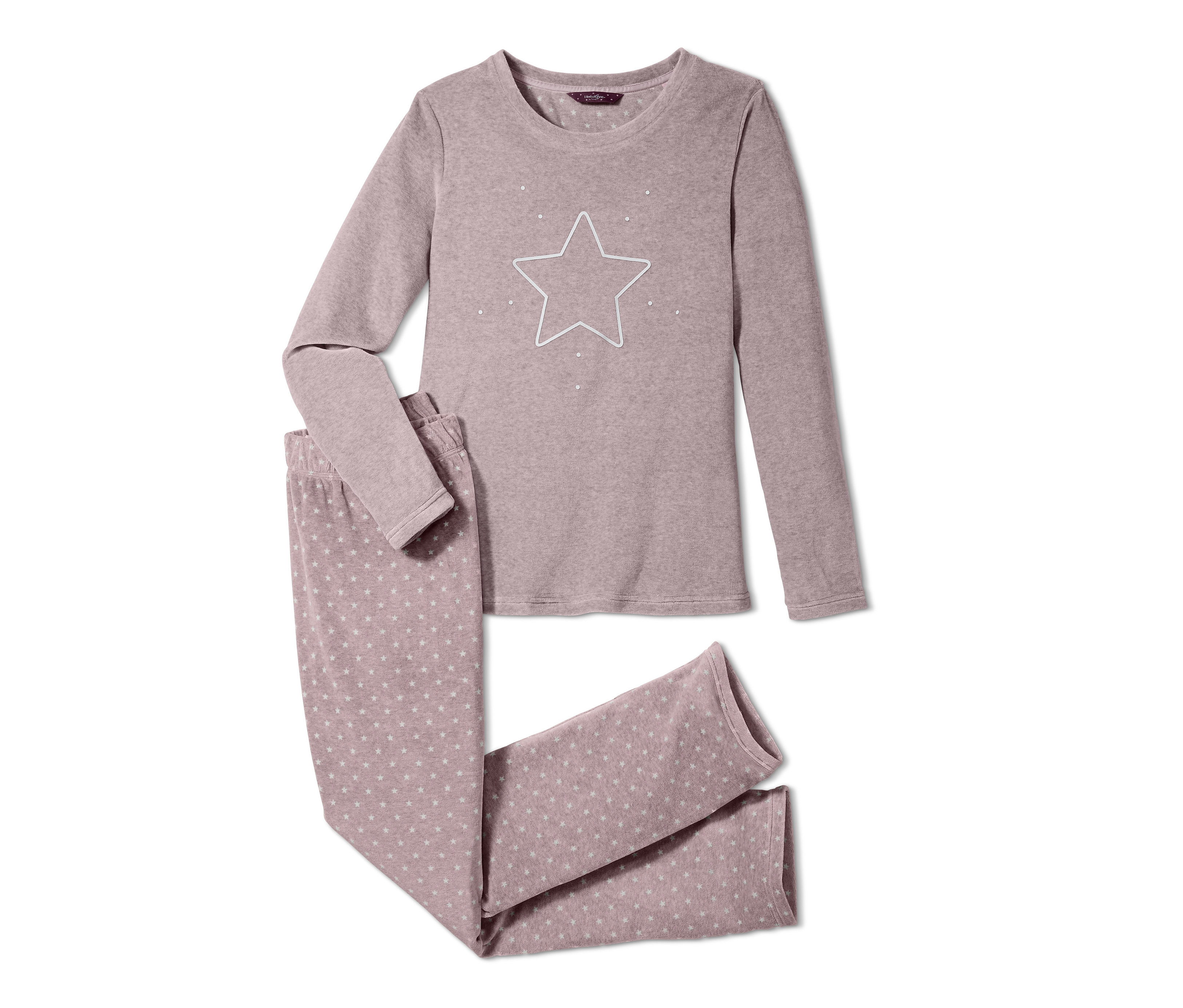 Lila Nicki-Pyjama, langärmliges Oberteil mit Stern, Hose mit Sternen.
