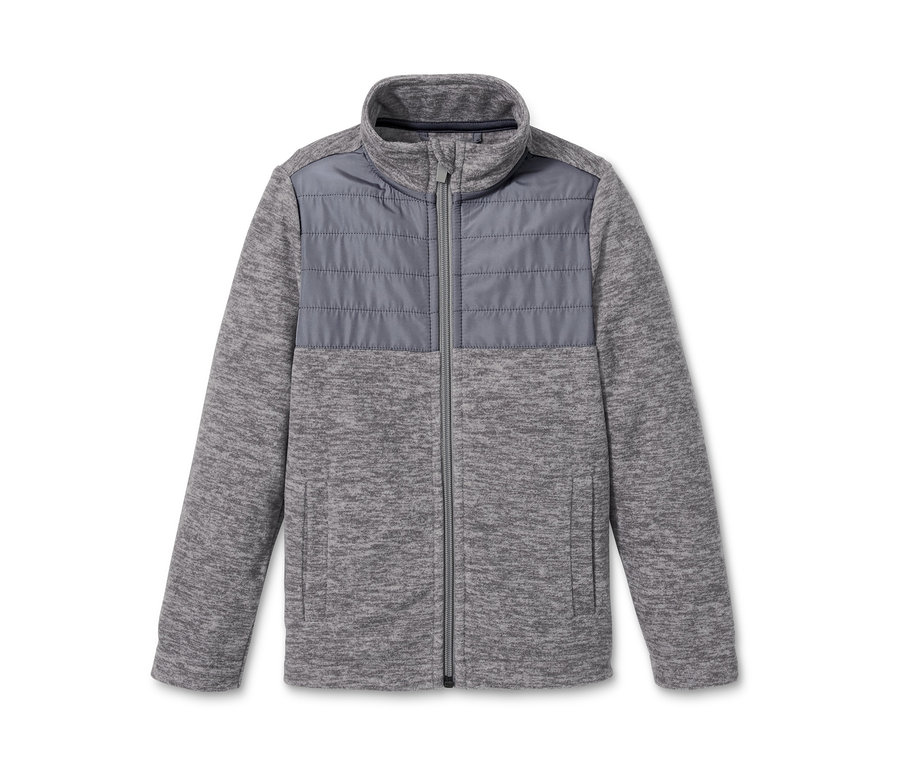 Graue Hybrid-Fleecejacke mit Steppeinsatz.