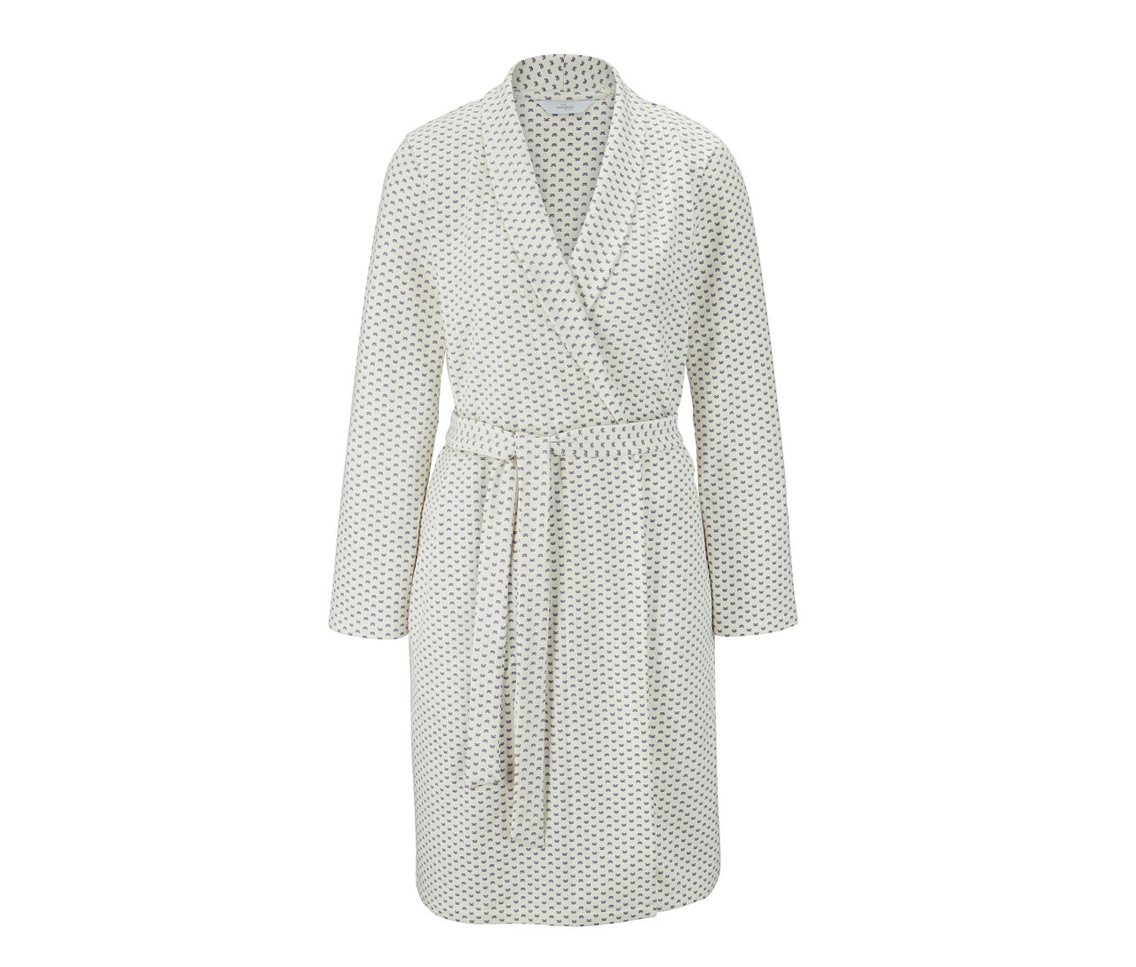 Weißer Morgenmantel mit blauem Muster.