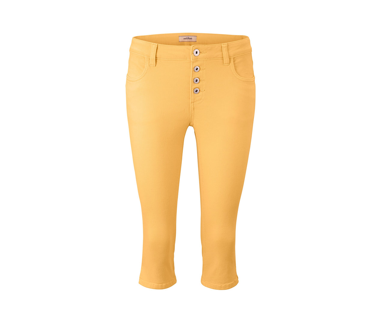 Gelbe Capri-Jeans mit Knöpfen.