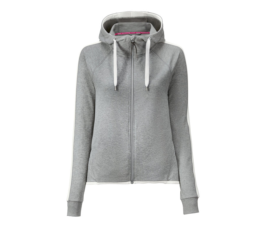 Graue Sweatjacke mit Reißverschluss und Kapuze.