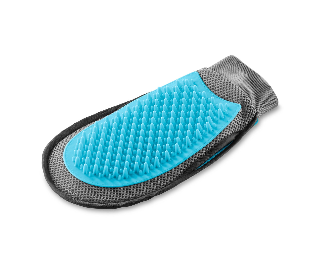 Fellpflege-Handschuh mit blauen Gumminoppen auf grauem Netzstoff.